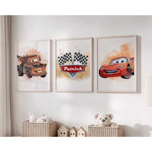 Personalized Cars Nursery Decor: Set of 3 Prints Cars Wall Art, Wall Art Set with Lightning McQueen & Mater, Custom Name Printable Posters