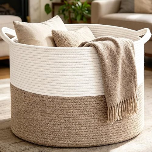 Large Woven Blanket Basket,65L Cotton Rope Laundry Basket Hamper with Handles, Decorative Nursery Basket Storage Bin for Toys, Clothes Organizer, Living Room, Bedroom, Bathroom, White & Brown
