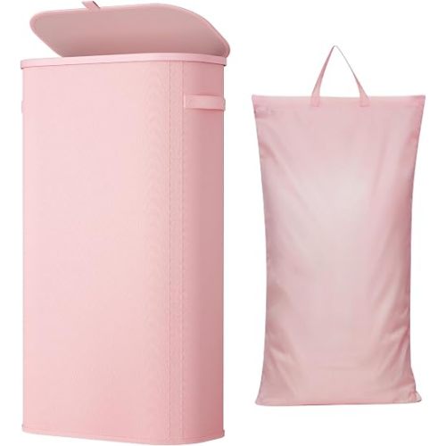 Lifewit Slim Laundry Basket with Lid, Narrow Large Laundry Hamper with Plastic Handles and Removable Bag, Tall Foldable Dirty Clothes Hampers for Laundry Room, Bedroom, Bathroom, Dorm, 75L Pink