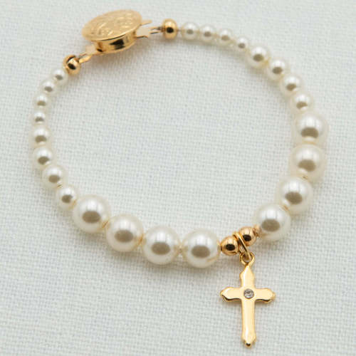 Baby Jewelry - Cream Luster Pearl Bracelet with Gold Cross – Baby Beau and Belle