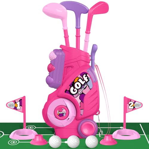 Liberry Toddler Golf Set with Putting Mat for 2 3 4 Years Old Boys Girls, Upgraded Kids Golf Cart with Unique Shoulder Strap Design, Indoor and Outdoor Golf Toys Gifts (Pink)