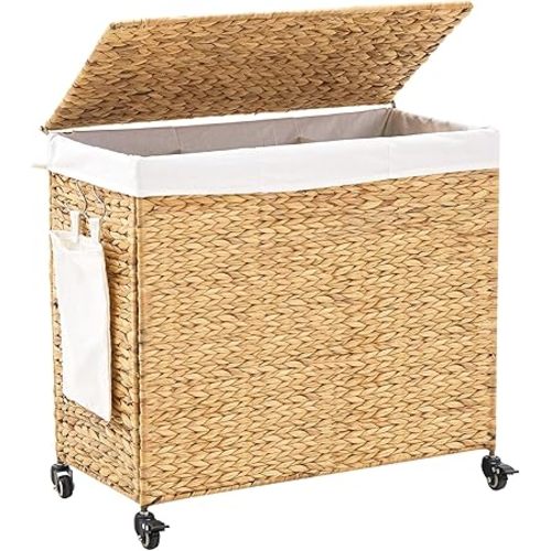 Handwoven Hamper with Lid, Laundry Basket with Wheels, Machine Washable Liner, 3 Section Clothes Hamper for Bathroom Laundry Room Bedroom(Natural, 165L)