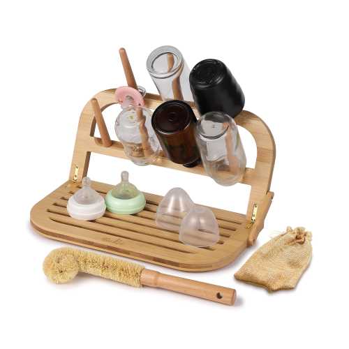 Natural Bamboo Baby Bottle Drying Rack with Coconut Brush, Foldable, Portable, Sustainable