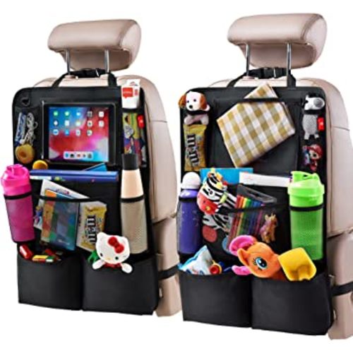 Helteko Backseat Car Organizer, Kick Mats Back Seat Protector with Touch Screen Tablet Holder, Back Seat Organizer for Kids, Travel Accessories with 9 Storage Pockets 2 Pack, Black