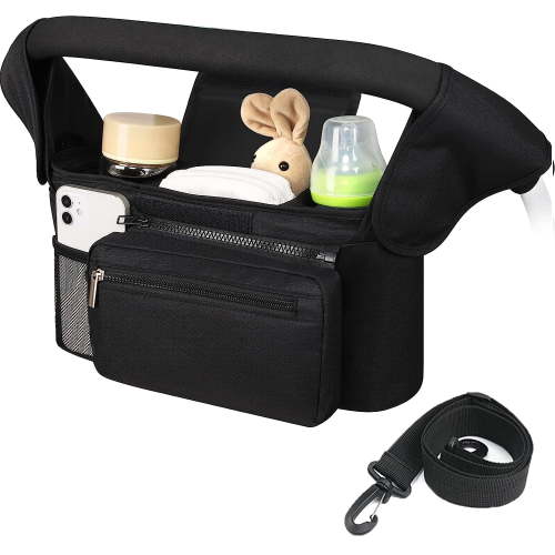 ZFITEI Stroller Organizer with 2 Cup Holders, Detachable Zippered Pocket, Adjustable Shoulder Strap, Fits All Baby
