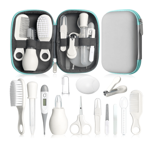 Baby Grooming Kit, Infant Safety Care Set with Hair Brush Comb Nail Clipper Nasal Aspirator,Baby Essentials Kit for Newborn Girls Boys (Grey White)