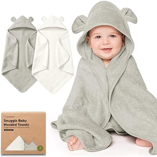 KeaBabies 2-Pack Hooded Baby Towels for Newborn - 30x30 Soft & Absorbent Viscose from Bamboo Baby Bath Towels with Hood for Infant, Toddler,Kids,Boys Girls,Newborn Bath Essentials (Graphite, Petite)