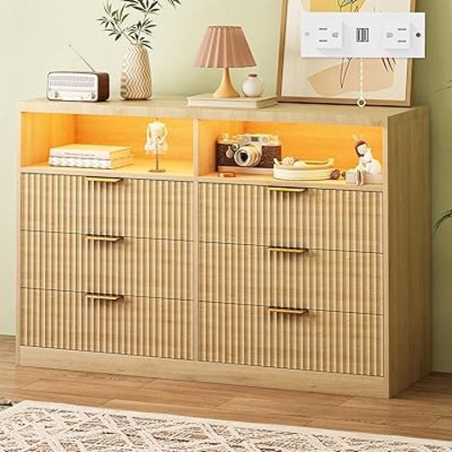6 Drawers Dresser for Kids Bedroom, 47" Wooden Dresser TV Stand with Lighting and Charging Station, Open Cabinet, Fluted Panel, Smooth Curve for Girls, Hallway, Natural Wood