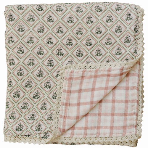 Country Garden Floral + Pink Gingham Lace Muslin Quilt