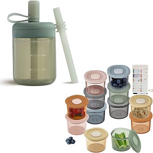 Moonkie Baby Straw Cup & Silicone Baby Food Containers Set | 5oz Sippy Training Cup with Straw Lid | 4oz Food Storage Jars with Airtight Lids | BPA-Free, Drop-Proof, Freezer, Microwave & Dishwasher Sa