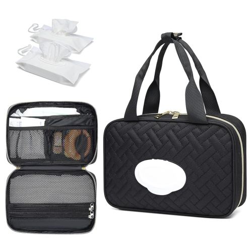 Diaper Bag Organizer with 2 Pieces Wipes Dispensers, Portable Stroller Mini Diaper Bag Pouches Travel Gear, Foldable Newborn Baby Essentials, Small Clutch, Black