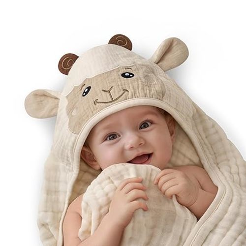Blissful Diary Muslin Baby Hooded Towel, Soft and Absorbent Bath Towel for Newborn, Infant, Toddler, Unisex, 32″x32″ - Gentle Giraffe
