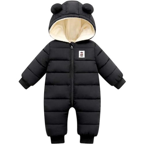 Unisex Baby Snowsuit Infant Cute Bear Hooded Winter Warm Flannel Lining Romper