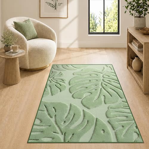 Sage Green Monstera Area Rug 3x5, High-Low Plush Pile Washable Rugs for Living Room Bedroom, Tropical Non Slip Nursery Carpet Soft Indoor Shag Rugs for Dining Room