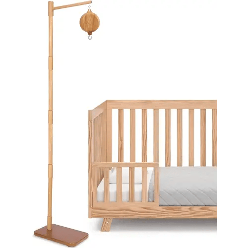 Floor-Standing Crib Mobile Arm with Music Box - 65 Inch Mobile Arm for Crib - 100% Beech Wood - Crib Mobile Motor - Volume Control - 35 Lullabies - Wooden Nursery Decor - Baby Mobile Hanger