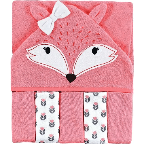 Hudson Baby Unisex Baby Hooded Towel and Five Washcloths, Girl Fox, One Size