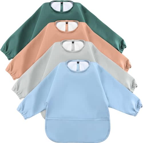 JaGely 4 Pack Long Sleeve Baby Bibs Waterproof Smock Bid with Elastic Cuffs Large Pocket for Baby Eating Feeding 6-36 Months