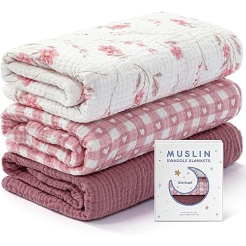 Unnivoll Muslin Swaddle Blankets for Newborns, 100% Cotton Receiving Blankets, Large 38 x 40 inches Baby Swaddle Blanket for Baby Boys and Girls, Soft Breathable Infant Baby Essentials 3 Pack Pink