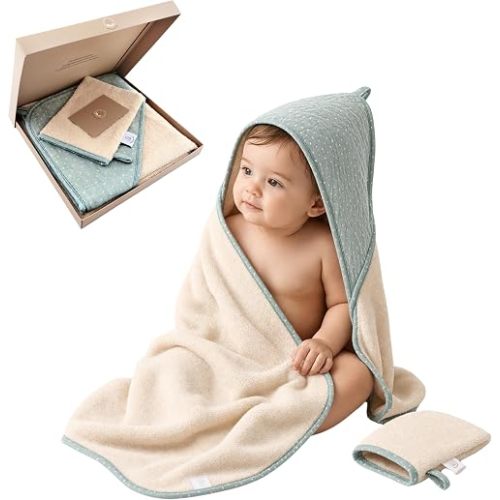 Hooded Baby Bath Towel & Wash Mitt Gift Set, 100% GOTS Organic Cotton