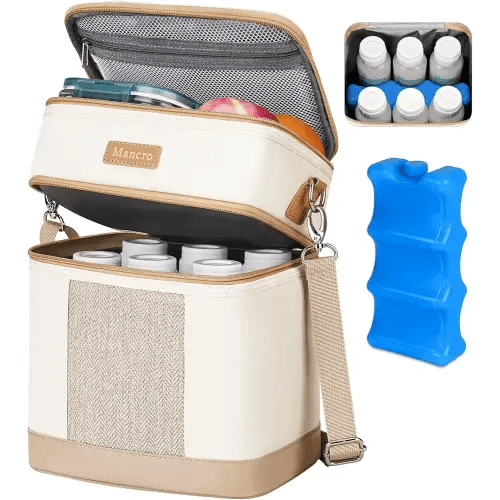 Mancro Breastmilk Cooler Bag with Ice Pack, Double Layer Insulated Baby Bottles Bag Fits 6 Bottles Up to 9 Ounces, Portable Breast Pump Cooler Travel Bag for Daycare and Nursing Moms, Beige