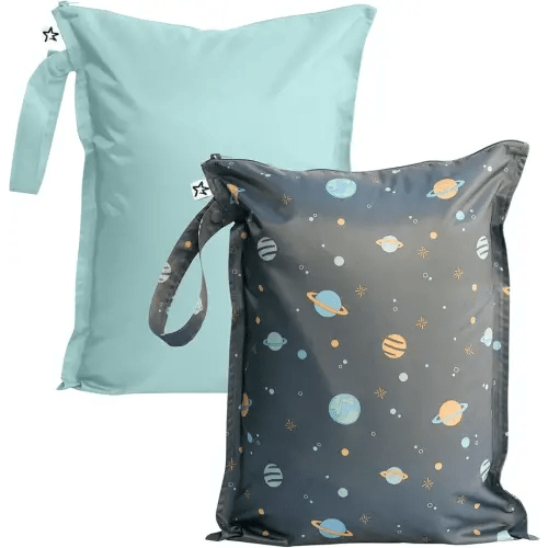 Tiny Twinkle Mess Proof Wet Bags | 2-Pack Reusable Waterproof Wet Bags for Swimsuits | Baby Clothes | Travel & Diaper Bag (Space, Ice Blue)
