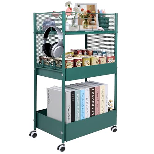 3 Tier Rolling Storage Cart Metal Utility Cart with Wheels | Office Organizer with Hooks & Hanging Cups, Mobile Shelving Unit for Kitchen Nursery Craft Snack Book