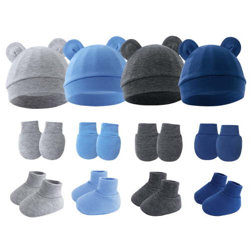 Happy Cherry Preemie Hospital Caps Baby Boy Cotton Hats Infant Bear Ears Newborn Beanie Hat Baby Girl Hat Sock Set Preemie No Scratch Mittens 4 Pack for 0-6 Months(Sky Blue Navy Blue Dark Gray Gray)