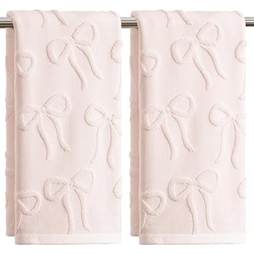 Artoid Mode 2 Pcs Pink 3D Bowknot Jacquard Hand Towels for Bathroom, 100% Cotton Soft Absorbent Bathroom Decor Towels, 13.7 x 29.5 Inch