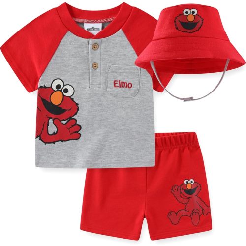 Sesame Street Elmo Baby Boys French Terry Half Button T-Shirt with Bucket Hat and Shorts 3 Piece Set for Infant