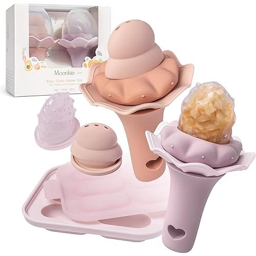 Moonkie Baby Fruit Feeder with Freezer Tray, BPA Free Silicone Food Feeder for Infant Self Feeding, Breastmilk Popsicle Molds, Mesh Feeder with Two Pouches, Baby Shower Gifts 4 Months+, 2 Pack