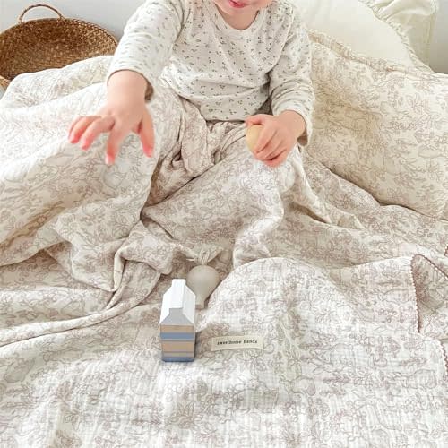 BuLuTu 4-Layer Large Baby Crib/Cradle Blanket Nursery Throw Blanket Reversible Cotton Muslin Kids Bed Blanket for Boys Girls,Breathable,Lightweight,Forest Rabbit Mushroom Pattern,47''x51''