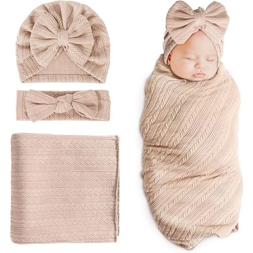 DRESHOW BQUBO Newborn Receiving Blanket Toddler Warm for Girls with Bow Hat and Bow Headband Shower Gift