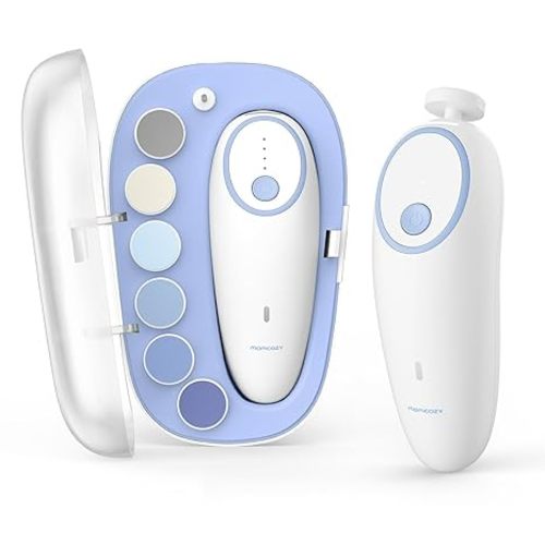 Momcozy Baby Nail File Electric, Gentle Baby Nail Trimmer Electric, Baby Nail Clipper with Night Light, 7 Grinding Head Replacement Pads, Blue