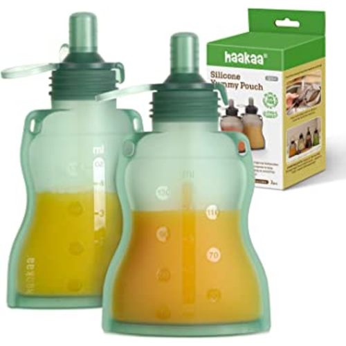 haakaa Yummy Pouch Reusable Baby Food Pouch, Reusable Pouches for Toddlers Kids Squeezable Pouch, Washable Freezer - Make Homemade Organic Food for Babies/Toddlers, 4oz, 2 Pack,6m+(Pea Green)