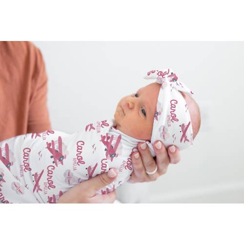 Girl Airplane Swaddle Set, Personalized Airplane Swaddle, Adventure Nursery Theme, Newborn Blanket, Baby Shower Gift, Airplane Swaddle T52