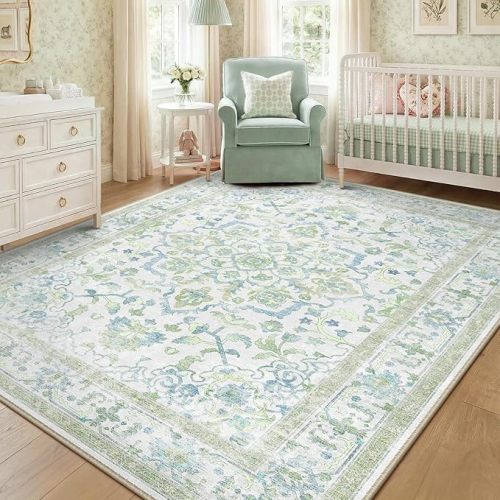 7x9 Washable Nursery Girls Low Pile Area Rug Green Blue | Non-Slip Soft Rugs for Bedroom Kids Playroom Living Room, Print Pattern Water Repellent Carpet Indoor Decor