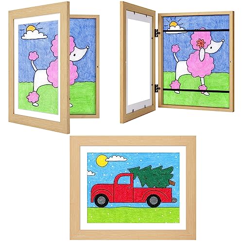 3Pack Kids Art Frames Natural Woodgrain, 10x12.5 Child Artwork Frame Without Mat Changeable Front Opening, 8.5x11 Frame With Mat, Children Storage Frame Holds Crafts, Drawing, Art Project, Schoolwork
