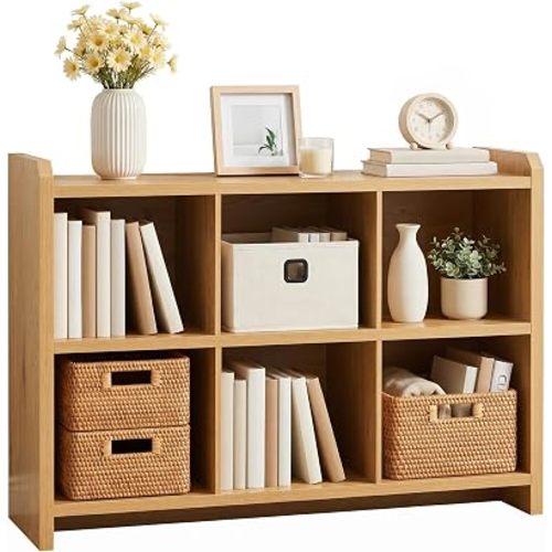Janmer Home 6 Cube Storage Organizer, 45" Long Horizontal Bookshelf, Modern Minimalist Low Wooden Cubby Storage Cabinet Console Table, TV Stand for Living Room Bedroom Office, Natural