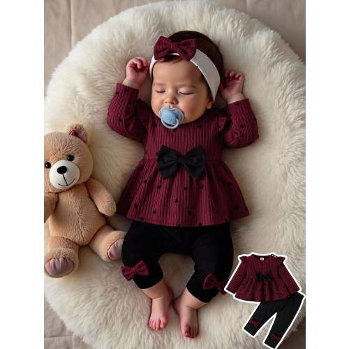 SHEIN Newborn Baby Girl Cute Autumn Outfit,Black Polka Dot Heart Print Puff Sleeve Knit Pullover Top & Skinny Pants 2 Pieces Set For Matching Family,Casual | SHEIN USA