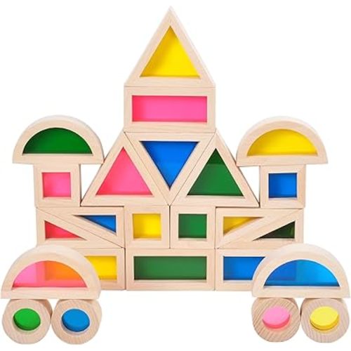 Wood Building Blocks Set 24pcs, Wooden Blocks for Toddlers, Rainbow Sensory Toys, Educational Toys, Preschool Wooden Stacking Toy for Kids