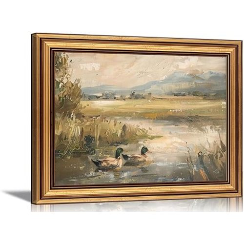 Vintage Gold Framed 3D Textured Wall Art Mallard Duck Pond Wall Decor Picture Countryside Farmhouse Wildlife Nature Cottagecore Landscape Poster Print for Gallery Living Room Home Decoration 12x16in