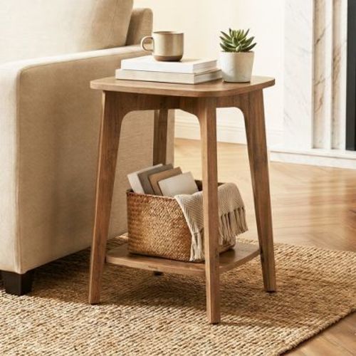 LEDREM Small End Table, Side Table with Lower Shelf, Nightstand for Living Room, Bedroom, Brown