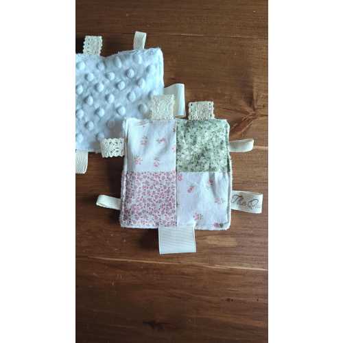 Baby Crinkle Tag Toy, Pink and Sage Patchwork Sensory Square, Girl Baby Shower Gift