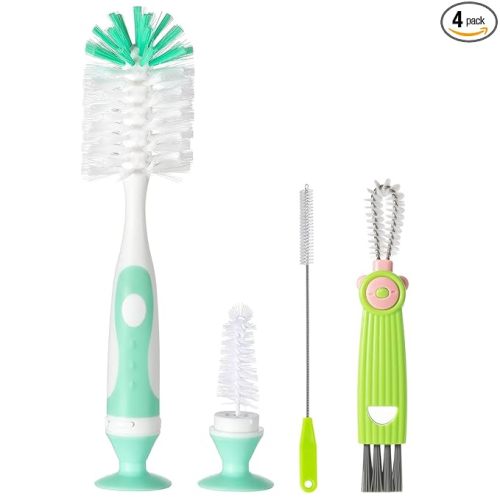 Ariseno 4-in-1 Baby Bottle Brush Set, Bottle Brush Cleaner, Bottle Cleaner Brush Set, Including Nylon Bottle Brush, Bottle Cap Brush, Straw Brush, Nipple Brush, BPA-Free (Green)