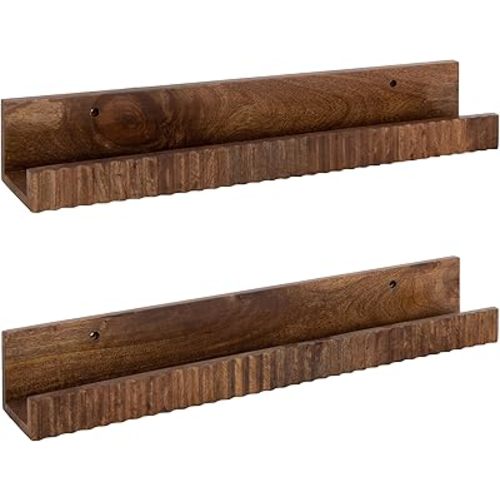 Kate and Laurel Furrow Modern Wood Photo Display Ledges; Set of 2; 24 Inches; Walnut Brown; Scalloped Floating Picture Ledge Shelf Set with Lip for Use as Nursery Book Shelves or Gallery Wall Decor