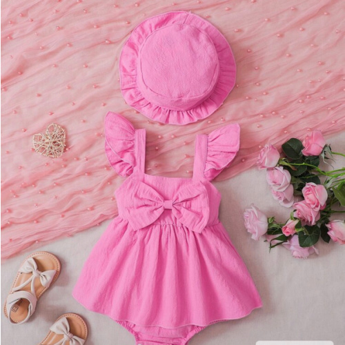 SHEIN Baby Girl Ruffle Trim Bow Front Combo Bodysuit Dress With Hat | SHEIN USA