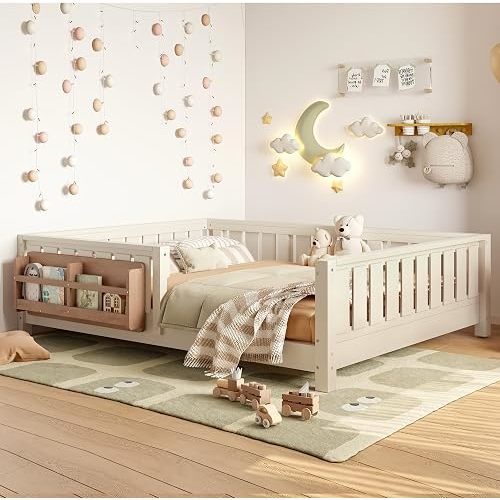 Bellemave Full Floor Bed with Slats and Rails, Full Size Montessori Floor Bed with Bookcase and Fence, Easy Assemble Montessori Beds for Girls, Boys, Beige Floor Beds