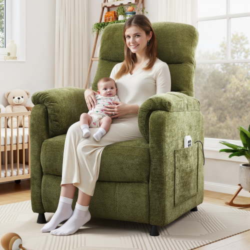 Electric Power Recliner Chair, Modern Chenille Fabric Recliner with Side Pocket & Remote, Nursery Recliner Chair for Living Room Small Space, Green