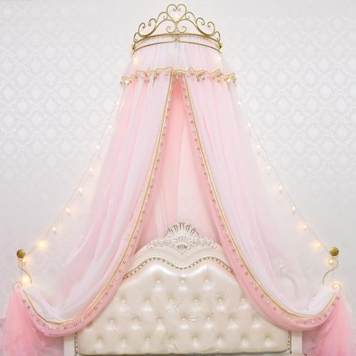 Girl Bed Curtain Princess Crown Mosquito Netting Children Room Decor Bedside Yarn Net Romantic Princess Tents Bed Canopy Valance (Light Pink)