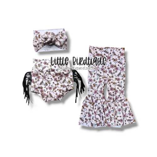 Boho Western Cowgirl Bow Nylon Clip Piggies Headwrap Top Knot Messy Wrap Rose Knot Bummies Bell Bottoms Fringe Add-on Available